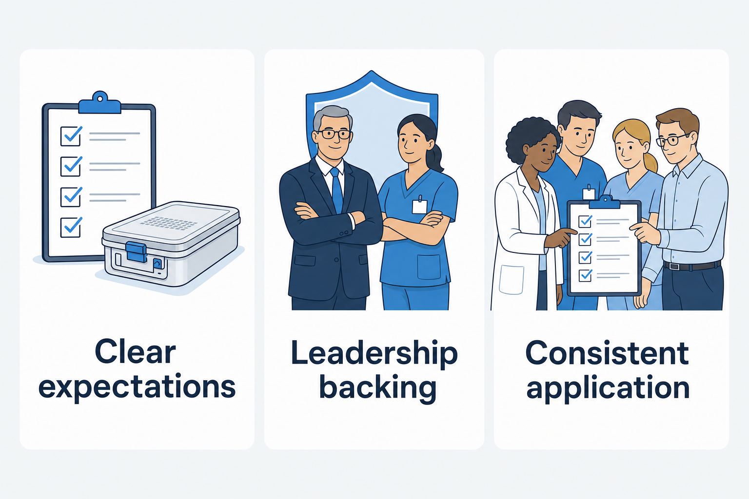 Three illustrated conditions for shared vendor expectations: clear expectations, leadership backing, and consistent application.
